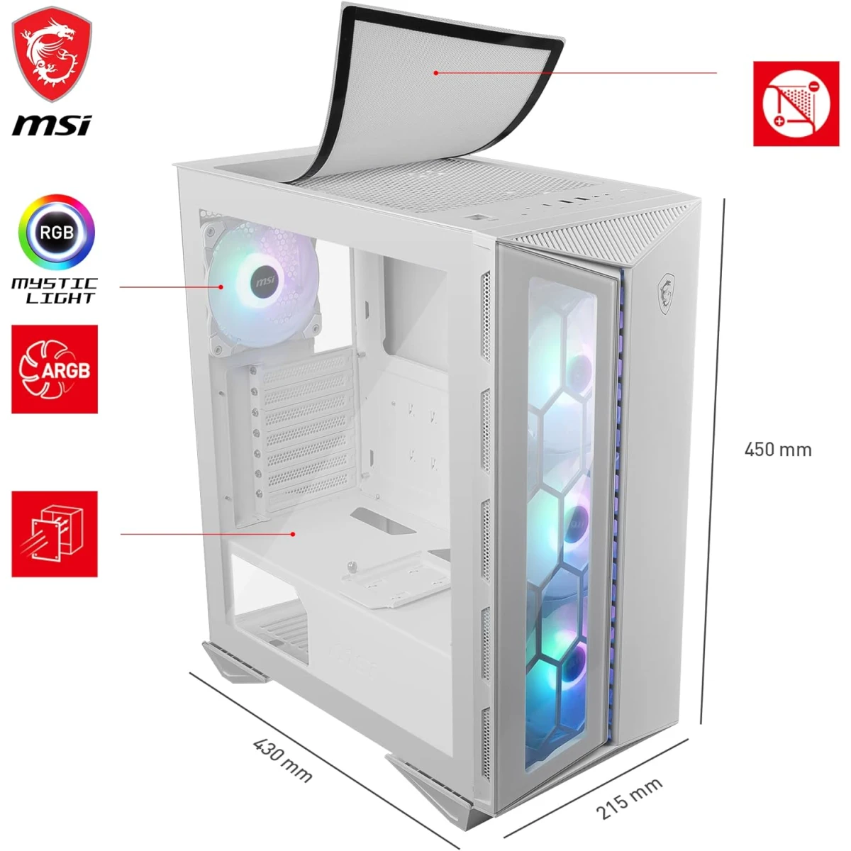 MSI MPG GUNGNIR 110R Premium Mid-Tower Gaming PC Case 4 x ARGB 120mm Fans Liquid Cooling Support up to 360mm Radiator - White
