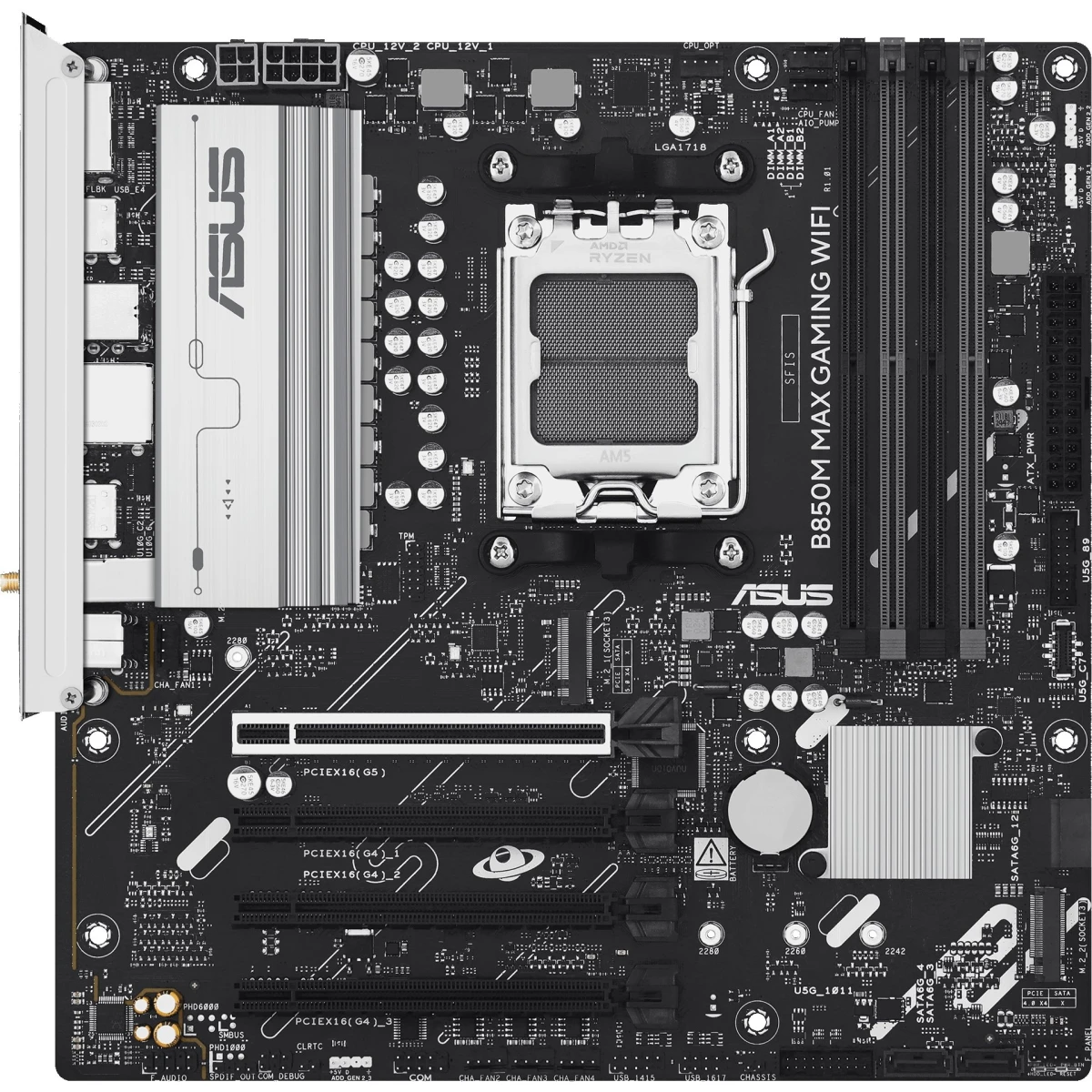 ASUS B850M MAX GAMING WIFI 6 AM5 Micro ATX AMD B850 Chipset, 4x DDR5 UDIMM Slots, Up to 256GB Max Memory, 4x PCIe x16 Slots, 2x M.2 Slots, WiFi & BT Connectivity