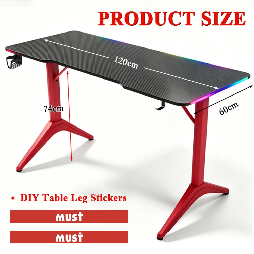 Gaming Desk 1200*600*800 with RGB LED Lighting Carbon Fiber Top Cup Holder Headphone Hook-Red, Black hover