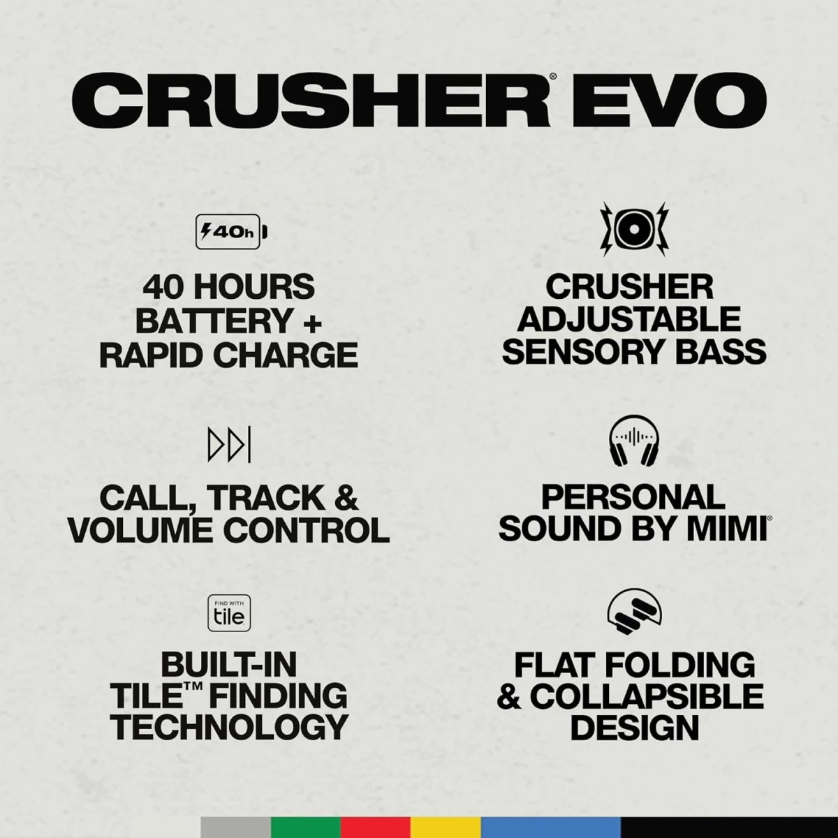 Skullcandy Crusher Evo Wireless Bluetooth Headphones with Multi-Sensory Bass and Charging Cable, Noise Isolating Over-Ear Fit, Up to 40 Hours Battery, Microphone for iPhone Android - Black