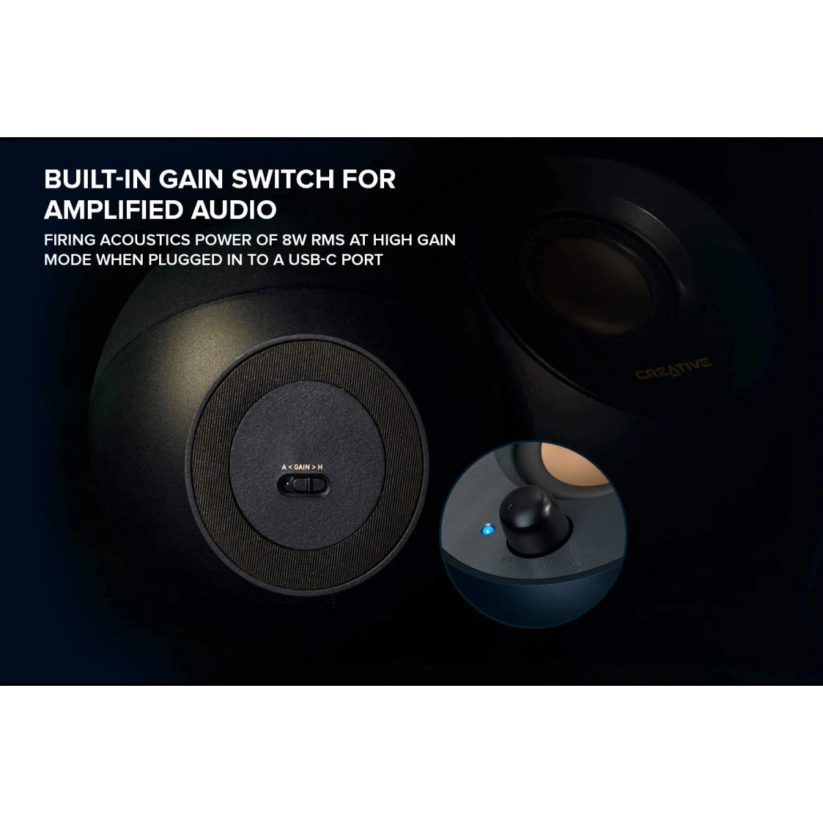 Creative Pebble V2 Minimalistic USB-C & 3.5 mm AUX-in Up to 8W RMS Power w/ USB Type-A Adapter