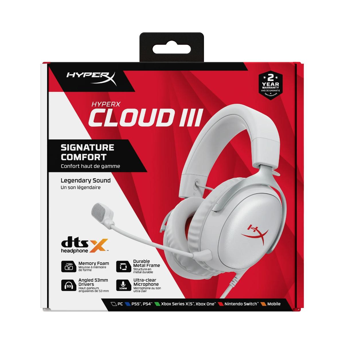 HyperX Cloud III – Wired Gaming Headset, PC, PS5, Xbox Series X|S, Angled 53mm Drivers, DTS Spatial Audio, Memory Foam, Durable Frame, Ultra-Clear 10mm Mic, USB-C, USB-A, 3.5mm