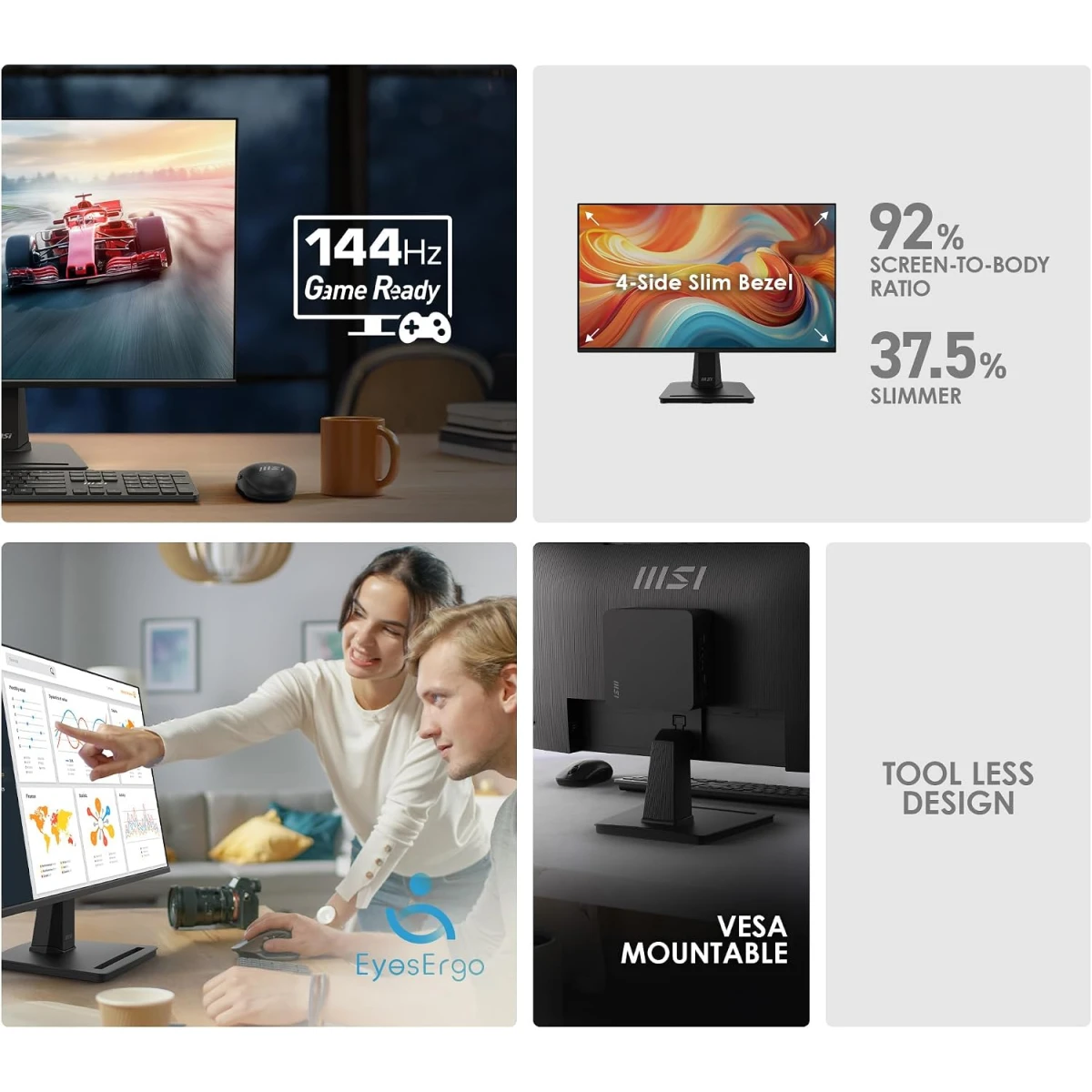 MSI PRO MP251 E14L 25" IPS Full HD Office Monitor, 144Hz, 1ms , Free-Sync, HDR Ready, HDMI, VGA Port,VESA Mountable, Tilt, 4-Side Slim Bezel, Black - alternate view