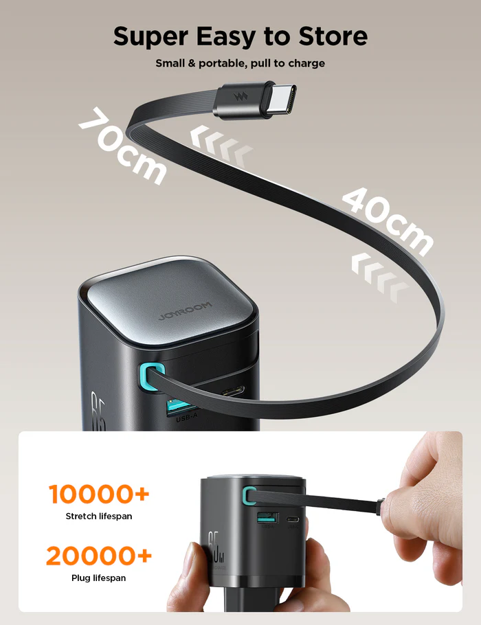 JOYROOM JR-TCL02 GaN 65W Charger with Retractable Cable EU