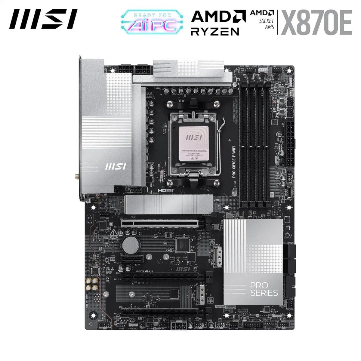 MSI PRO X870E-P WiFi 7 Motherboard, ATX - Supports AMD Ryzen 9000/8000 / 7000 Processors, AM5-60A SPS VRM, DDR5 Memory Boost (8200+ MT/s OC), PCIe 5.0 x16 & 4.0 x16, M.2 Gen5, Wi-Fi 7, 5G LAN hover