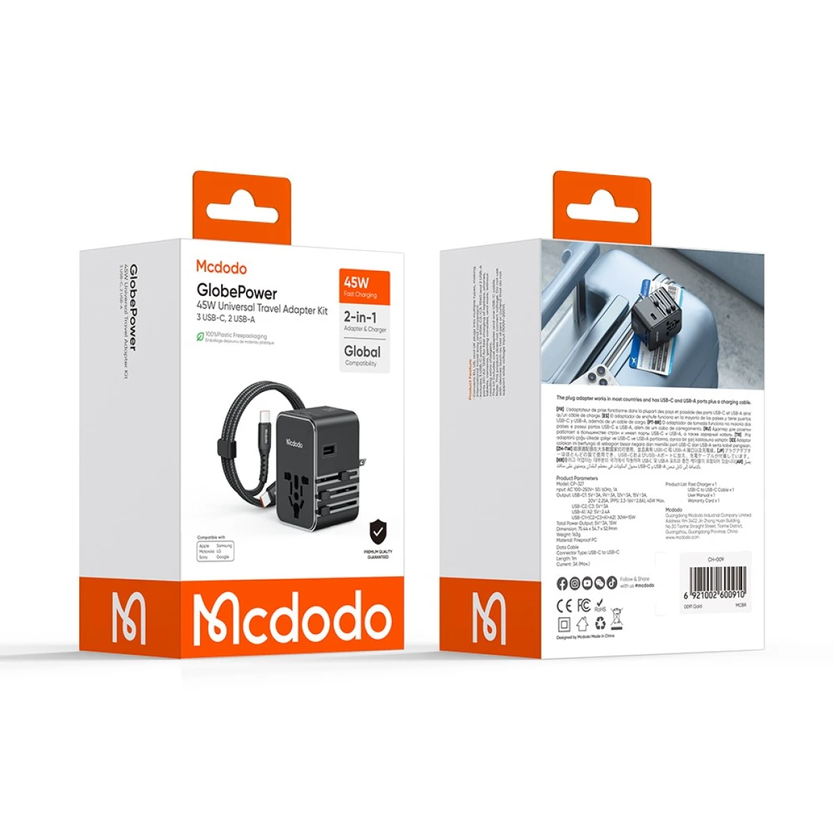 Mcdodo CP-327 MDD G5 Series 45W 3 USB-C + 2 USB-A Universal Travel Power Adapter Charger with USB-C to USB-C Cable - Black