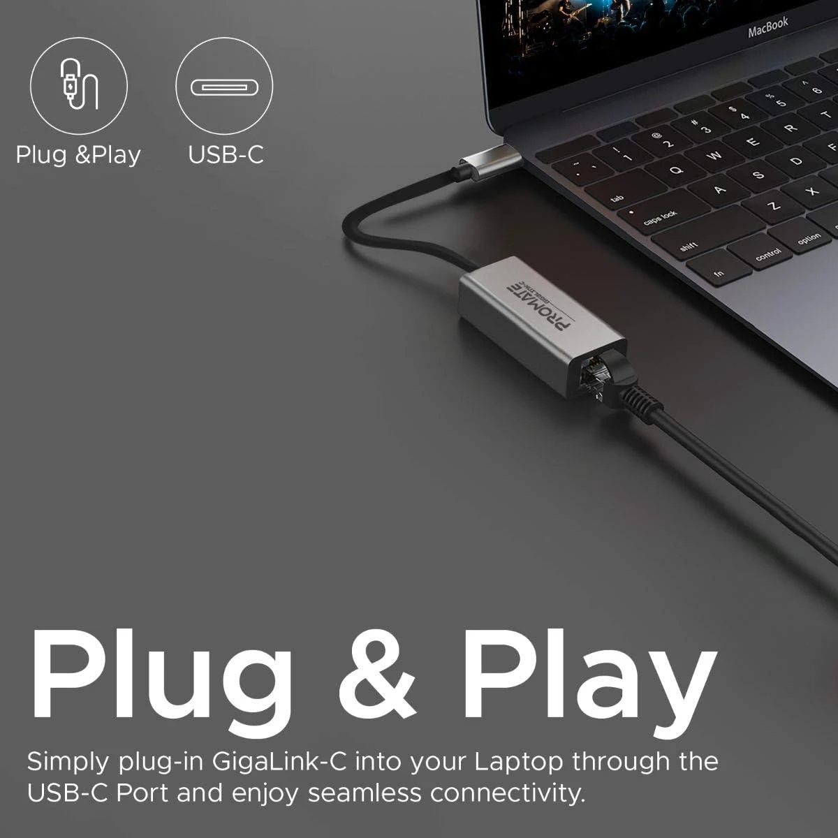 Promate GigaLink-C USB-C Adapter Premium Aluminium Alloy Full-Speed USB Type-C to 10/100/1000Mbps RJ45 Gigabit Ethernet