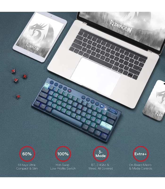 Redragon K632 Blue PRO 60% 3-Mode Connection RGB Mechanical Ultra-Thin Low Profile w/No-Lag Connection Dedicated Media Control - Red Switch