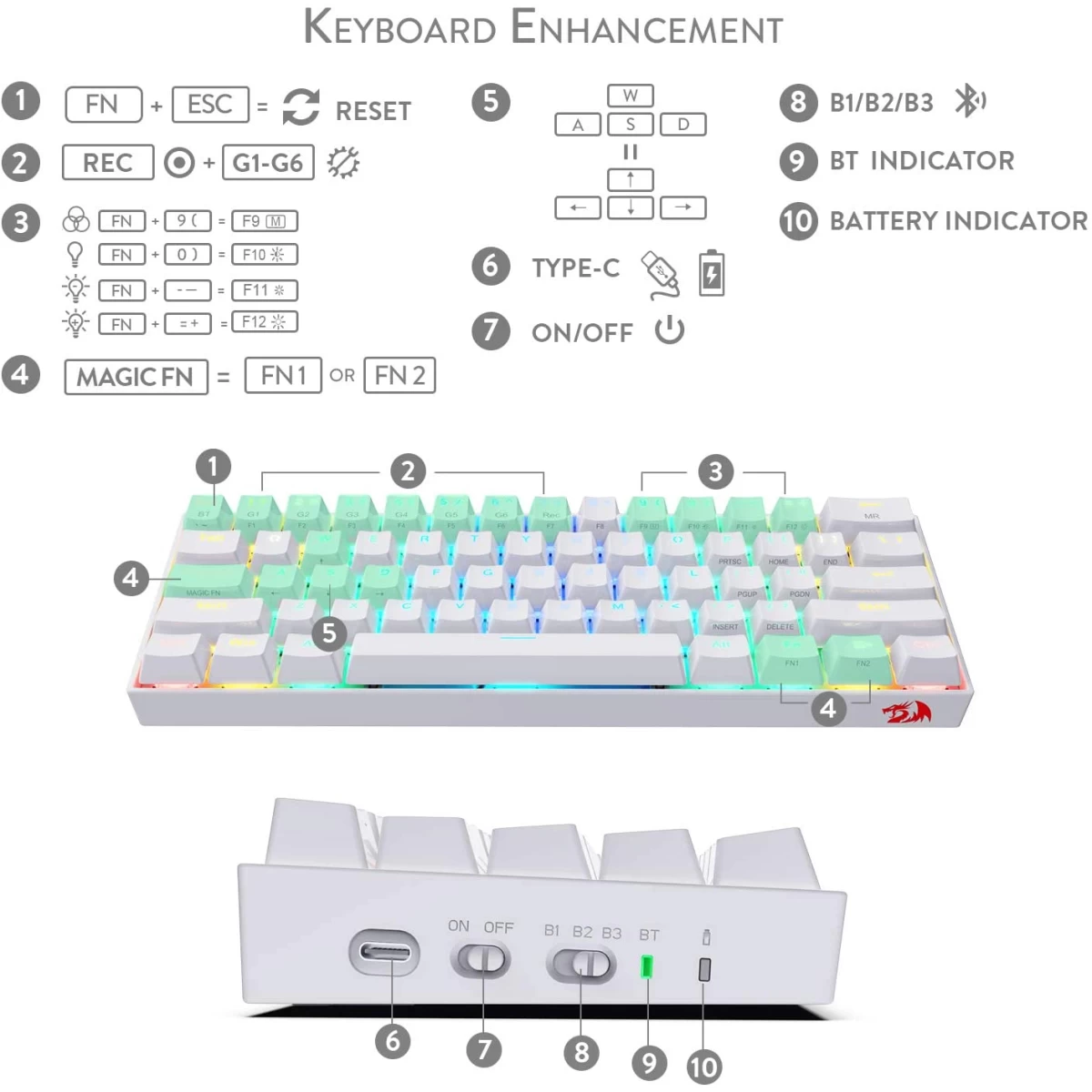Redragon K530 Pro Draconic 60% Wireless RGB Mechanical Keyboard, BT/2.4Ghz/Wired 3-Mode 61 Keys Compact Gaming Keyboard w/Hot-Swap Socket, Free-Mod Plate Mounted PCB & Tactile Red Switch - White