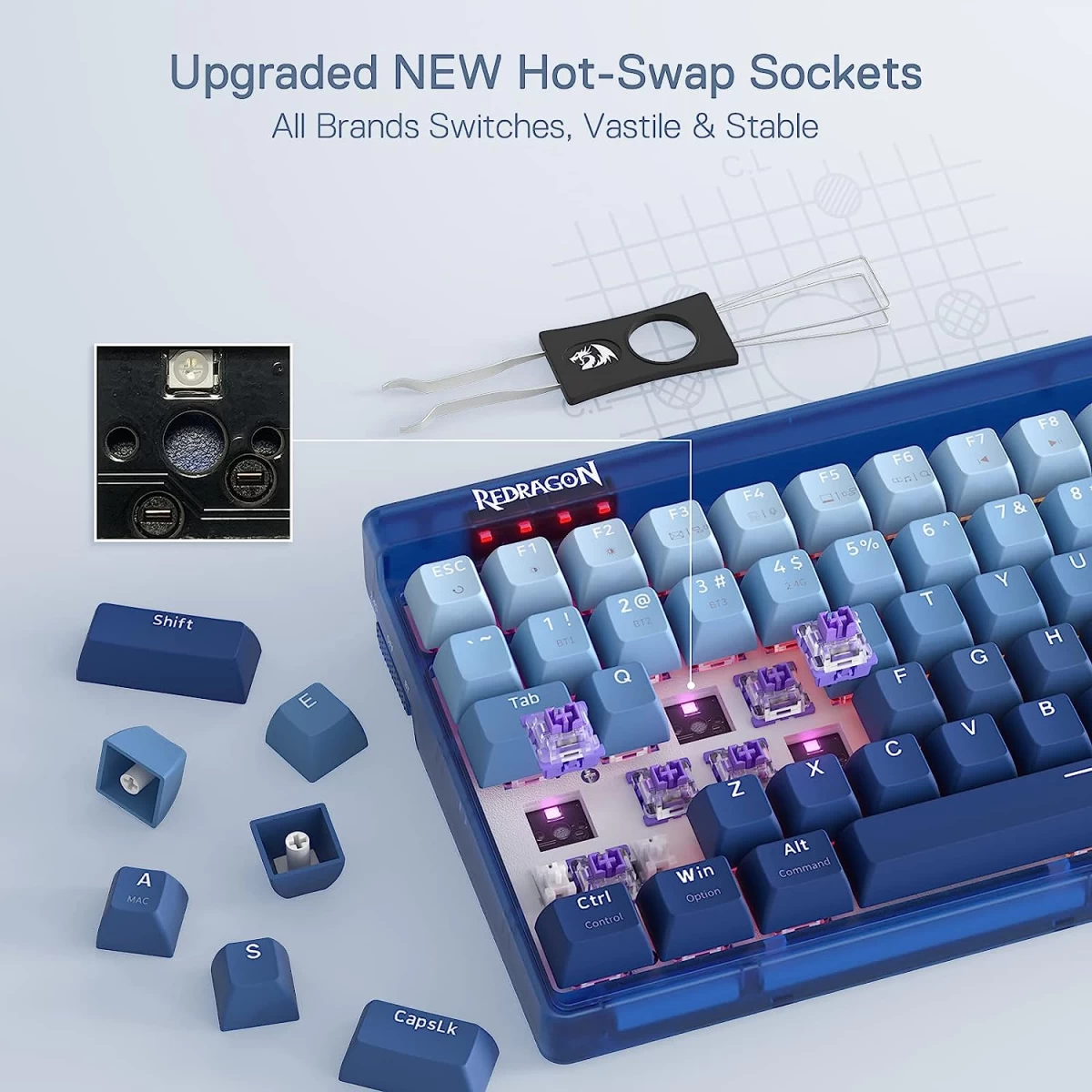 Redragon Garen K656 PRO 3-Mode RGB 100 Keys Mechanical w/Translucent Board Hot-Swappable Socket Sound Absorbing Foam & Custom Tactile Switch