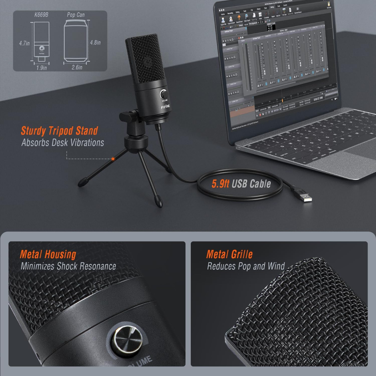 FIFINE USB Microphone, Metal Condenser Recording Microphone for MAC OS, Windows, Cardioid Laptop Mic for Recording Vocals, Voice Overs, Streaming, Meeting and YouTube Videos