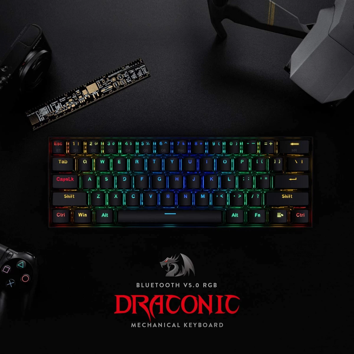 Redragon K530 Pro Draconic 60% Wireless RGB Mechanical Keyboard, BT/2.4Ghz/Wired 3-Mode 61 Keys Compact Gaming Keyboard w/Hot-Swap Socket, Free-Mod Plate Mounted PCB & Tactile Red Switch - Black