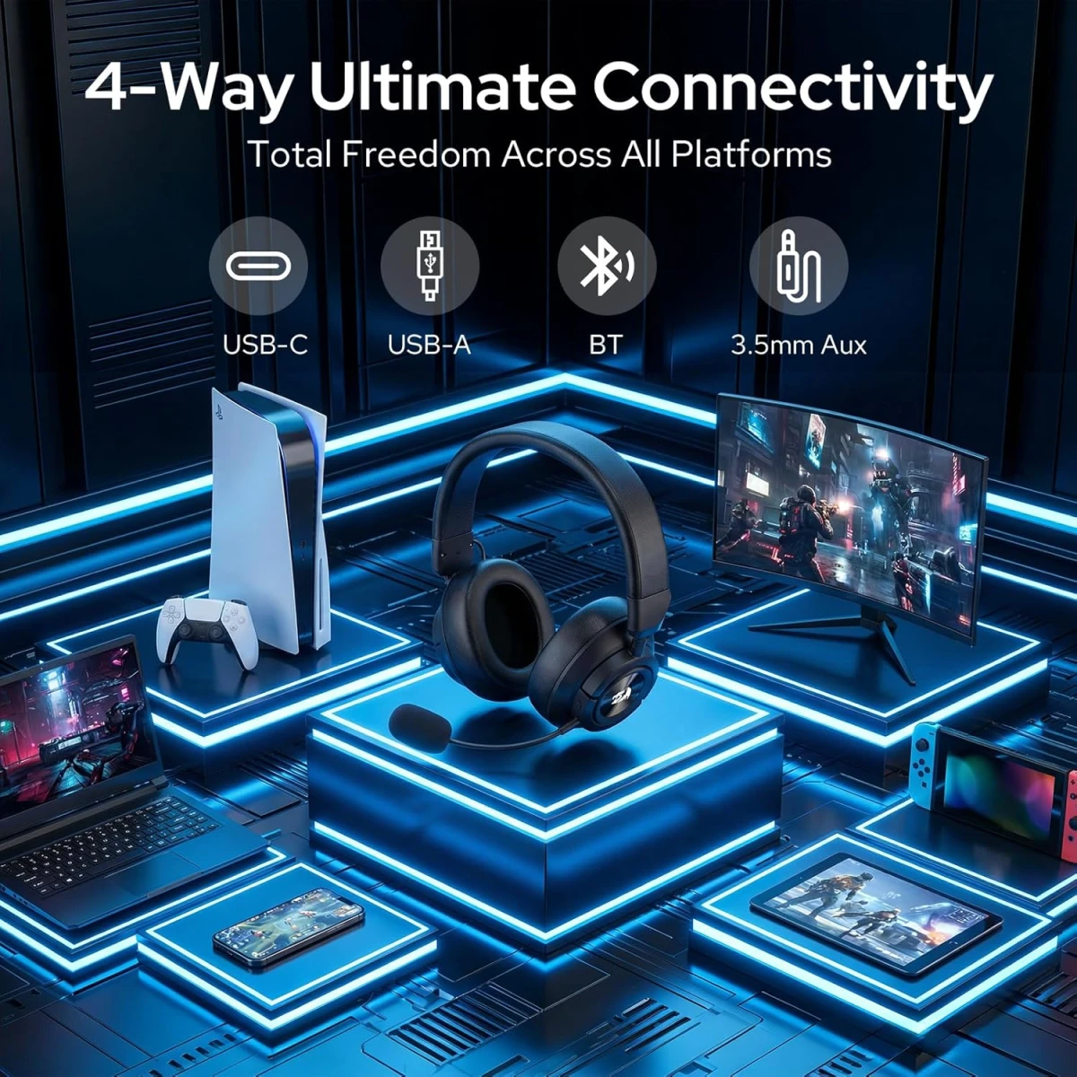 Redragon H889 Wireless Gaming Headset, 4-in-1 (2.4G/BT/USB/3.5mm), 51H Battery & Play-While-Charging, 7.1 Spatial Audio & 53mm Drivers, Detachable Mic, Multi-Platform Headphone for PC/PS5/NS/Mobile hover