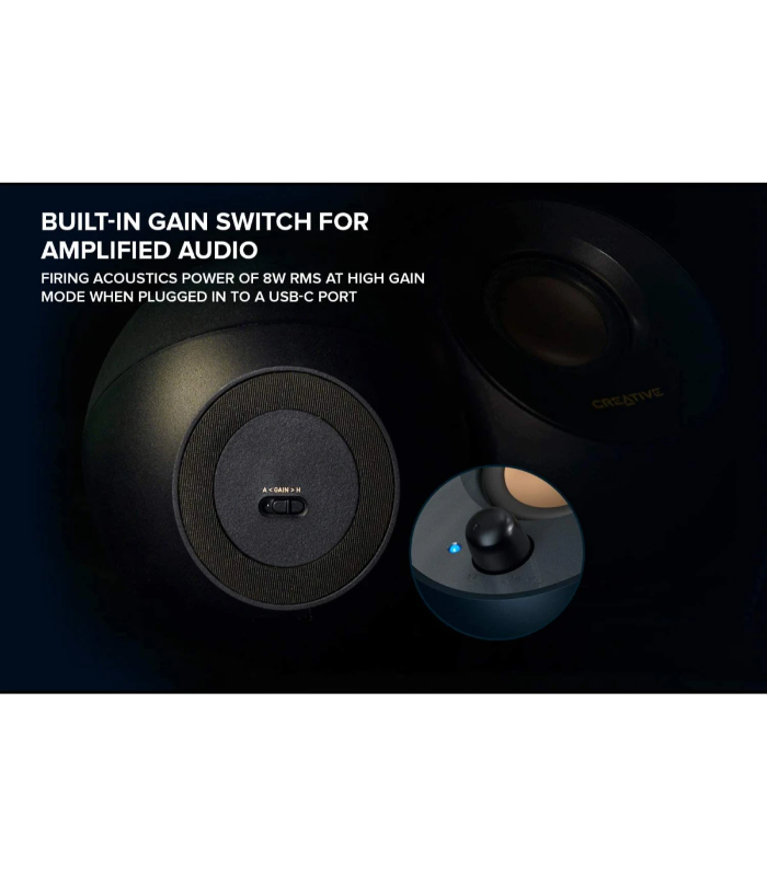 Creative Pebble V2 Minimalistic 2.0 USB-C Powered 3.5 mm AUX-in Up to 8W RMS Type-A Adapter Included & Extended Cable - Black