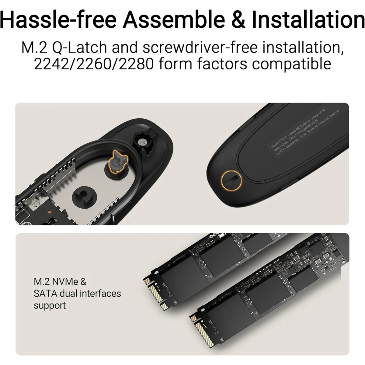 ASUS Cobble USB-C 3.2 Gen 2x1 SSD Enclosure (up to 10 Gbps Transmission, Dual M.2 NVMe PCIe and SATA Interfaces, M.2 Q-Latch, IP55 Water and Dust Protection, Windows, macOS) Black