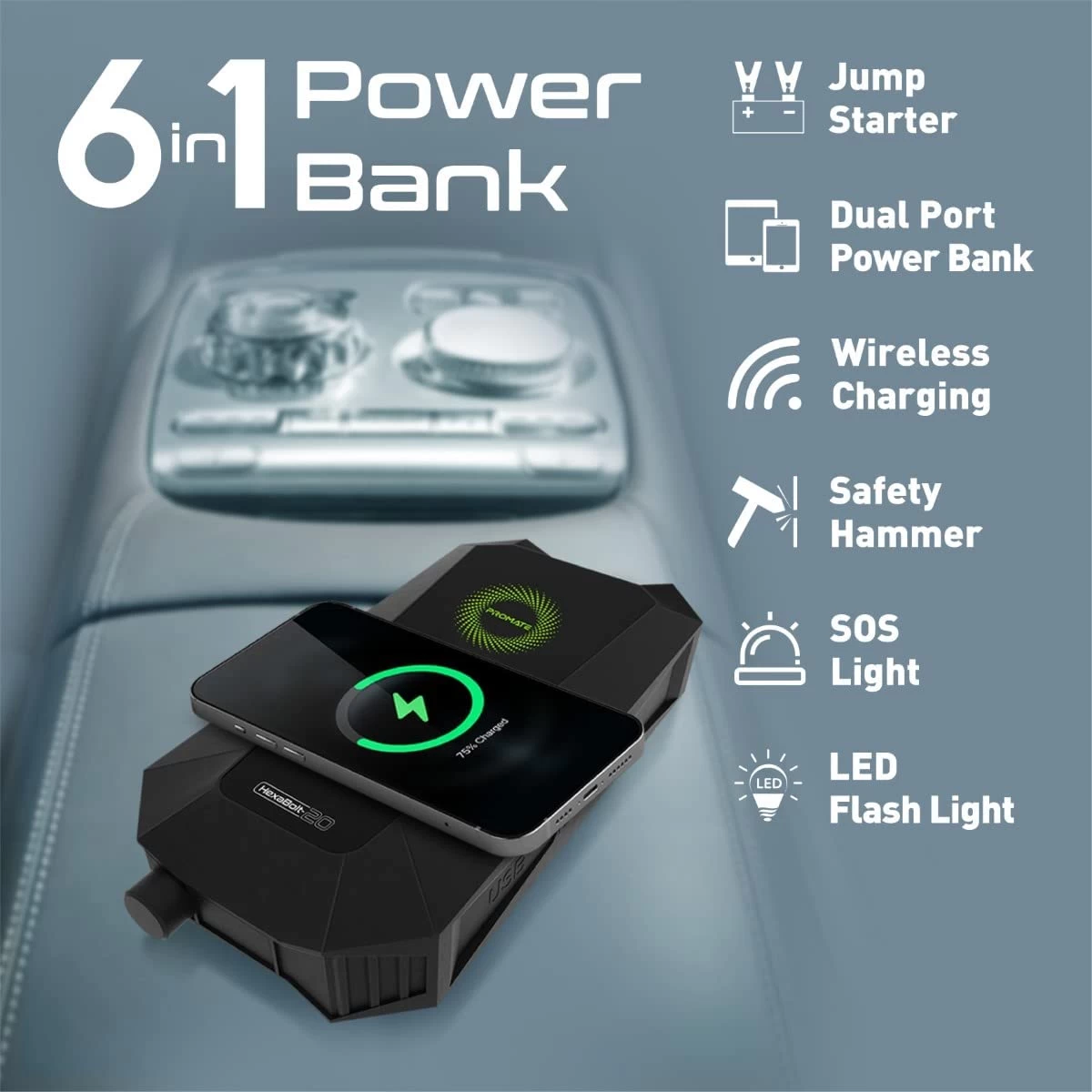 Promate Hexabolt 20 1500A/12V Car Jump Starter w/ 19200Mah Power Bank 10W Qi Charger Dual Qc 3.0 Ports - Black