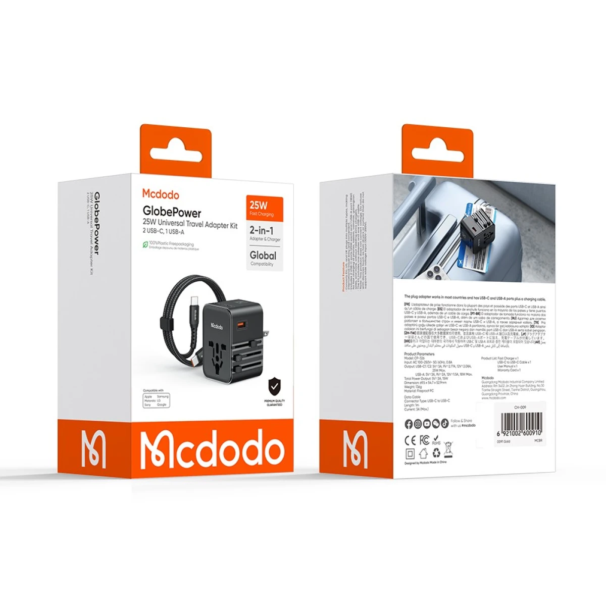Mcdodo CP-326 MDD G5 Series 25W 2 USB-C + 1 USB-A Universal Travel Power Adapter Charger with USB-C to USB-C Cable - Black