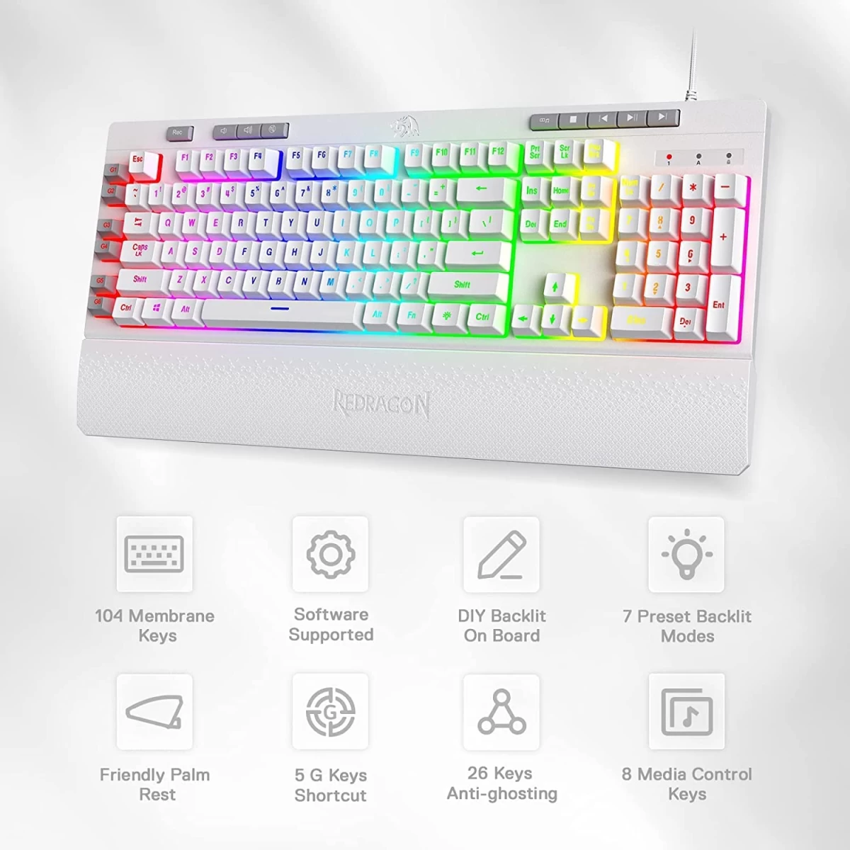 Redragon K512 Shiva RGB Backlit Multimedia Keys 6 Built-in Macro Keys - White