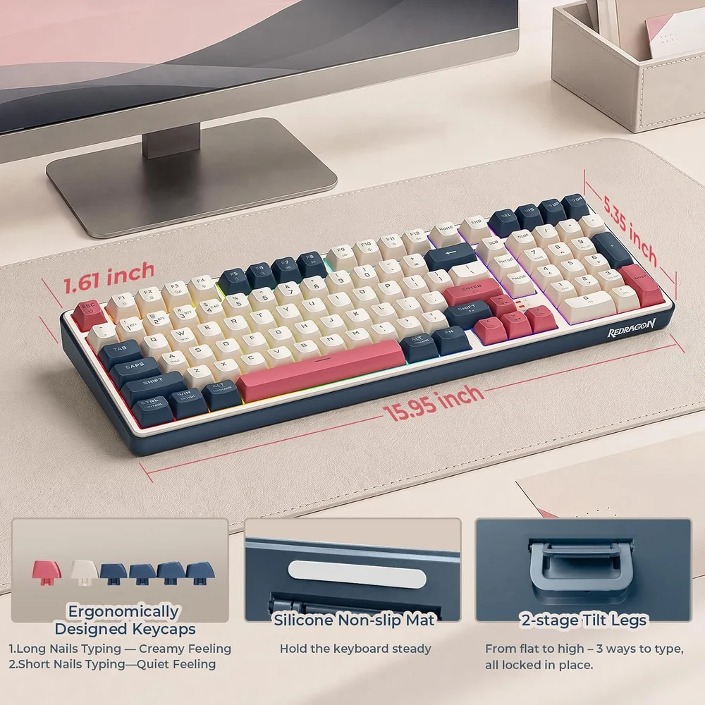 Redragon S174 Gaming Keyboard and Mouse Wireless with Tri-Mode, RGB Keyboard and 5000 DPI 61G Ultra-Light Gaming Mouse, Computer Keyboard Creamy Cute with Number Pad BT/2.4GHz/USB-C - Beige - alternate view
