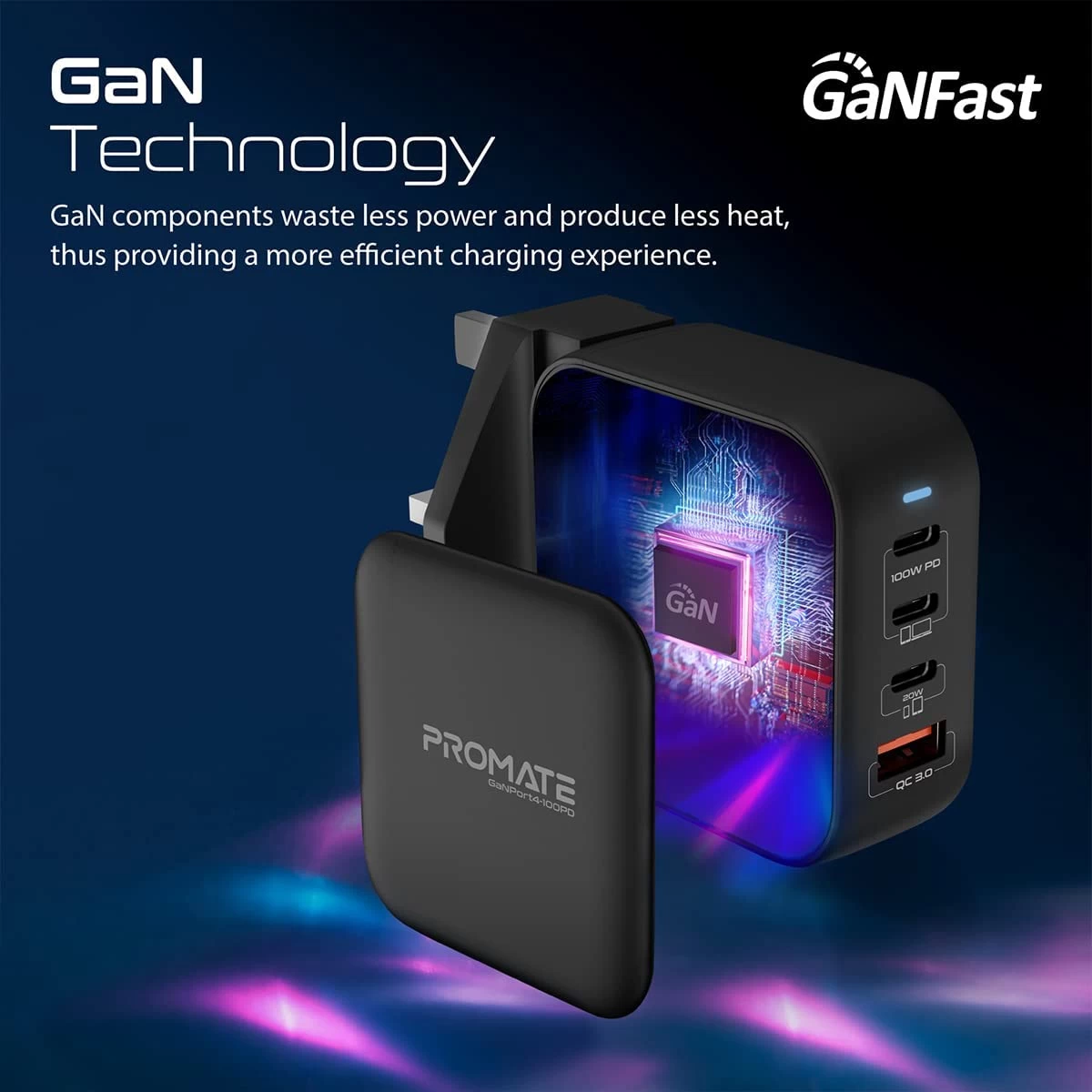 Promate GaNPort4-100PD USB-C Charger 100W GaN Technology Fast Dual Type-C Charger w/ 20W USB-C Port 18W QC 3.0 Port