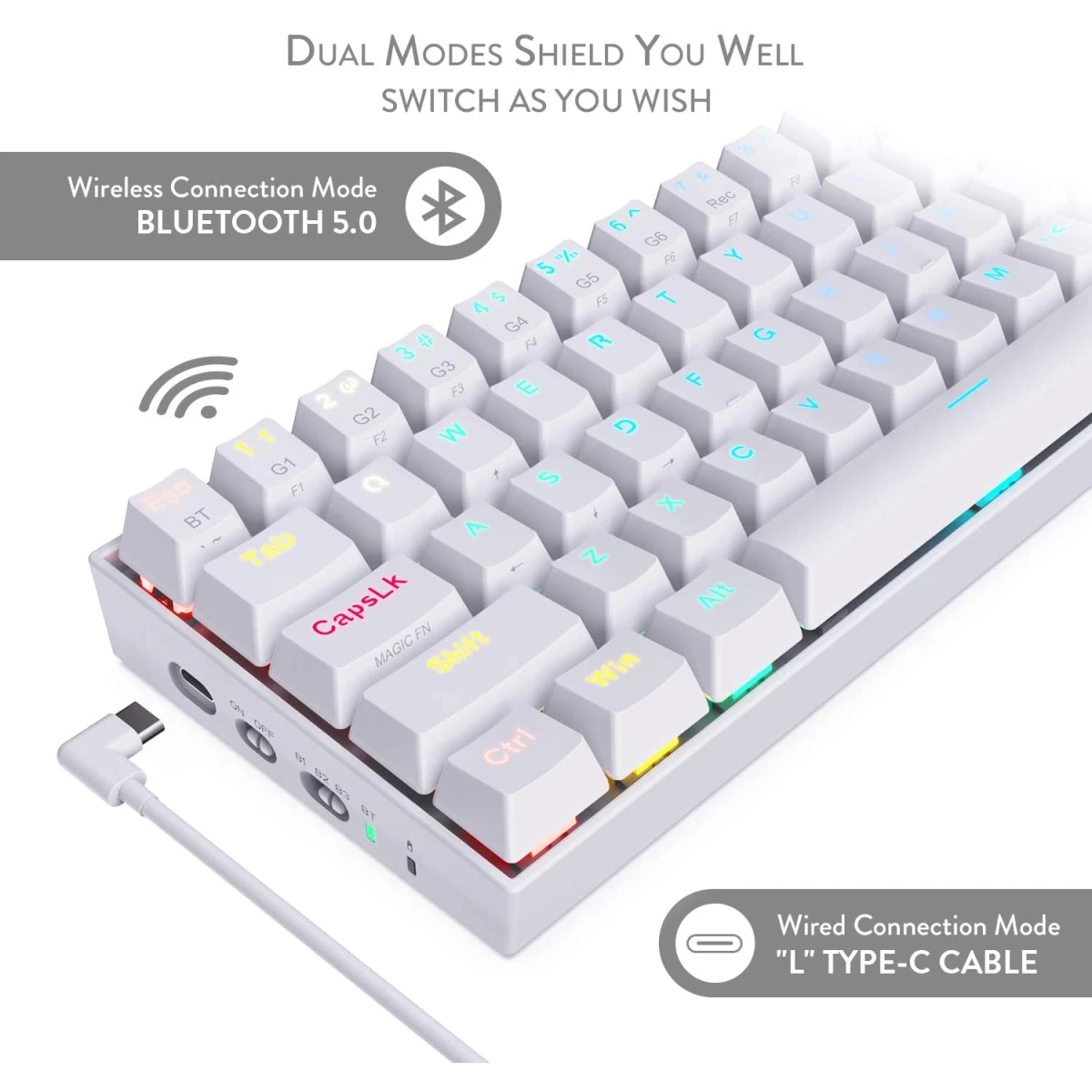 Redragon K530 Pro Draconic 60% Wireless RGB Mechanical Keyboard, BT/2.4Ghz/Wired 3-Mode 61 Keys Compact Gaming Keyboard w/Hot-Swap Socket, Free-Mod Plate Mounted PCB & Tactile Red Switch - White