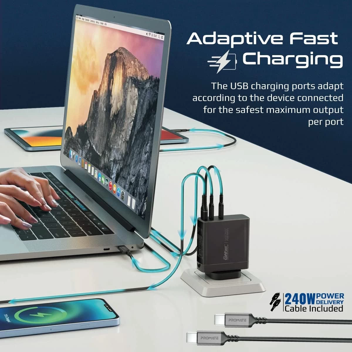 Promate GaNCharge-140W 140W USB-C GaN Charger with 140W Type-C Power Delivery 100W USB-C 3.0 Port 30W QC 3.0 USB Port - Black
