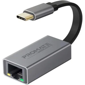 Promate GigaLink-C USB-C Adapter Premium Aluminium Alloy Full-Speed USB Type-C to 10/100/1000Mbps RJ45 Gigabit Ethernet