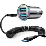 JOYROOM 4.8A Car Phone Charger All Metal, Mini Cigarette Lighter USB Charger with Type C Coiled Cable for iPhone 16 Pro, Dual USB Car Charger Adapter Fast Charge for iPhone/Samsung/Android