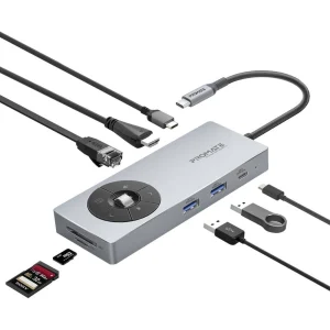 Promate Comandhub-Pro 14-in-1 Highspeed Multiport USB-C Hub with 100W PD Passthrough & Multimedia Controls, 4K @ 60Hz HDMI Support, 1Gbps Ethernet Port, 50cm Braided Cable Length, Gray
