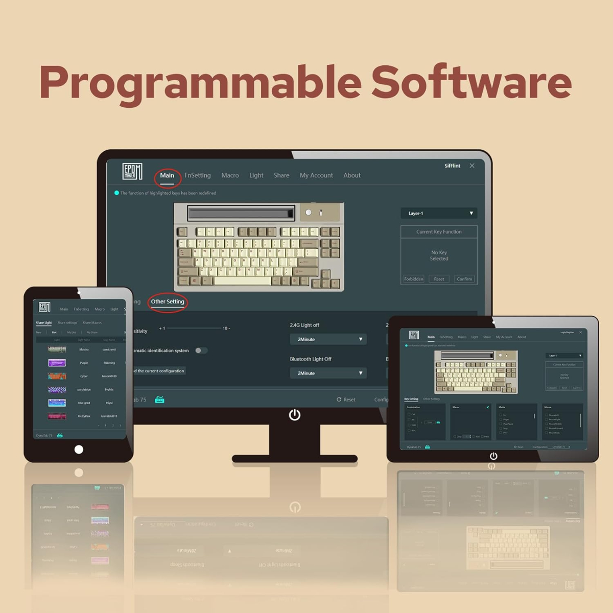 714LFE5ocGL._AC_SL1500_ EPOMAKER DynaTab75 Wireless Gaming Keyboard with Slot for iPad Tablet, Hot-swap Gasket Mechanical Keyboard, 2.4G/USB-C/BT5.0 Creamy Keyboard, RGB, Fast Charge Flamingo Switch - Image 5