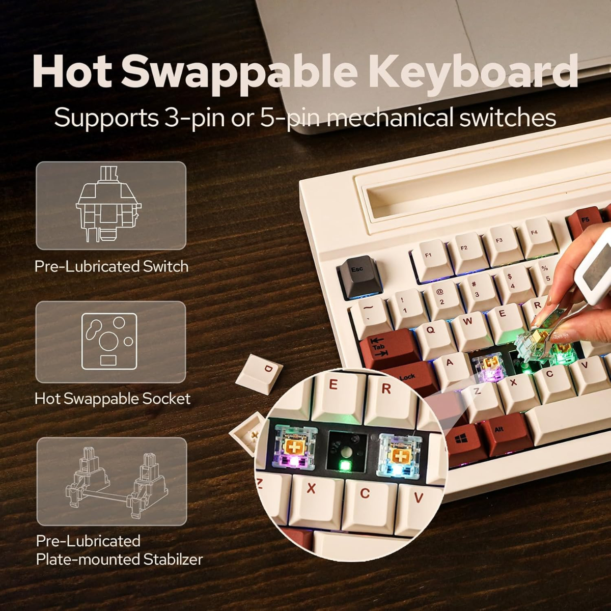 81iFGc2WKfL._AC_SL1500_ EPOMAKER DynaTab75 Wireless Gaming Keyboard with Slot for iPad Tablet, Hot-swap Gasket Mechanical Keyboard, 2.4G/USB-C/BT5.0 Creamy Keyboard, RGB, Fast Charge Flamingo Switch - Image 7