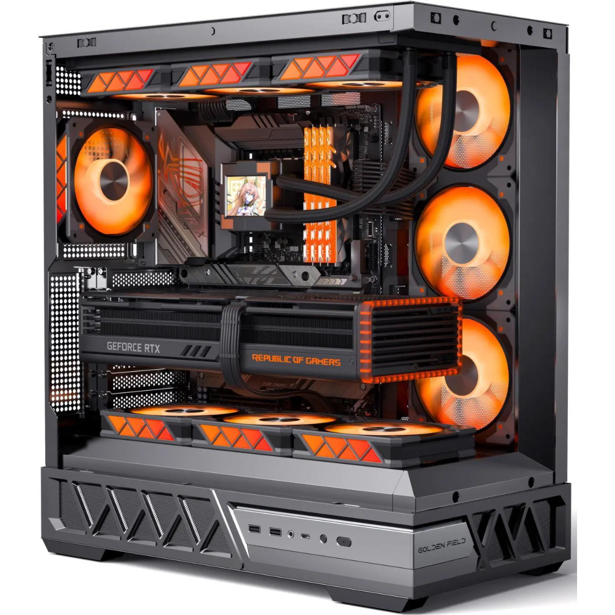 LG	Golden Field Parallel World Gaming PC ATX Medium Tower Computer 4XFan Case,Compatible Micro ATX/Mini ITX,Support 360 Water Cooling/Easy Removal/Back Plug Main Board /270 ° Ocean View Room Chassis- Black |	Go360	|