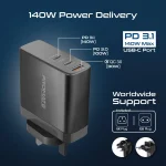 Promate GaNCharge-140W 140W USB-C GaN Charger with 140W Type-C Power Delivery 100W USB-C 3.0 Port 30W QC 3.0 USB Port - Black - Image 4