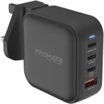 Promate GaNPort4-100PD USB-C Charger 100W GaN Technology Fast Dual Type-C Charger w/ 20W USB-C Port 18W QC 3.0 Port