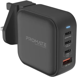 Promate GaNPort4-100PD USB-C Charger 100W GaN Technology Fast Dual Type-C Charger w/ 20W USB-C Port 18W QC 3.0 Port