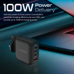 Promate GaNPort4-100PD USB-C Charger 100W GaN Technology Fast Dual Type-C Charger w/ 20W USB-C Port 18W QC 3.0 Port - Image 4